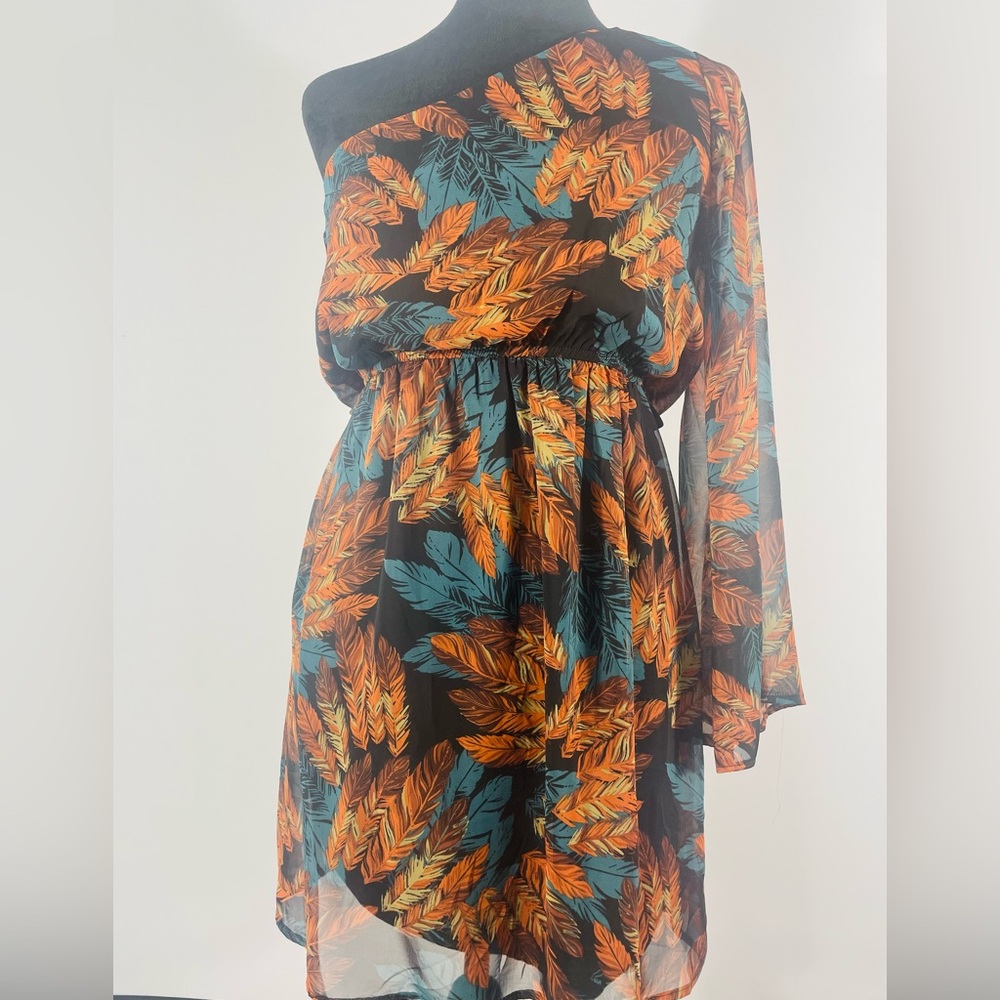 Francesca’s Small, multi fall colors, Black, feather, one shoulder sheer dress, - Picture 8 of 8